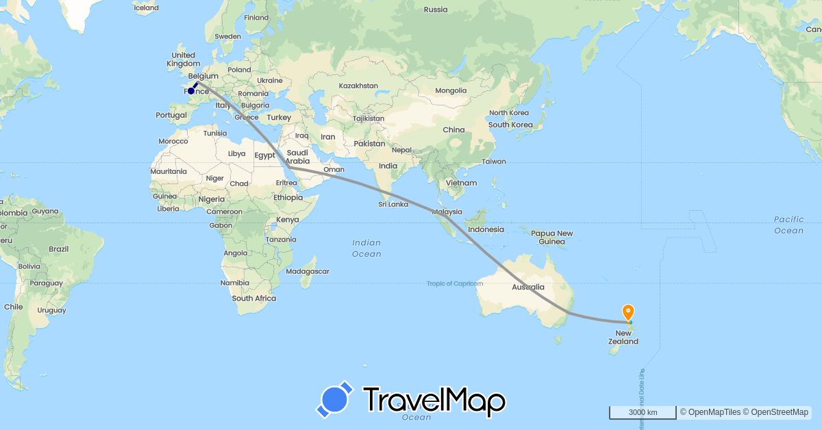 TravelMap itinerary: driving, bus, plane, cycling, hiking, boat, hitchhiking in Australia, France, Malaysia, New Zealand, Saudi Arabia (Asia, Europe, Oceania)
